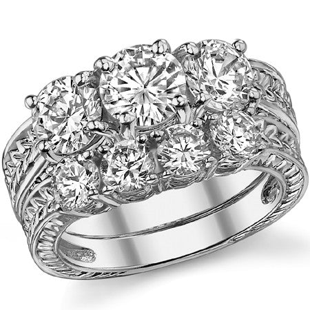 2.5ct (6.5mm/6mm) Round Brilliant Moissanite Antique 3 Stone Ring