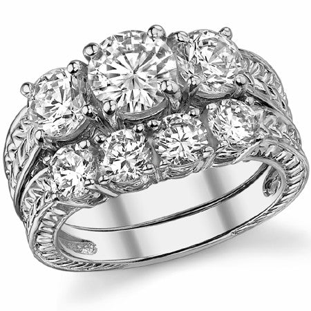 2ct (6.5mm/5mm) Round Brilliant Moissanite Antique 3 Stone Ring