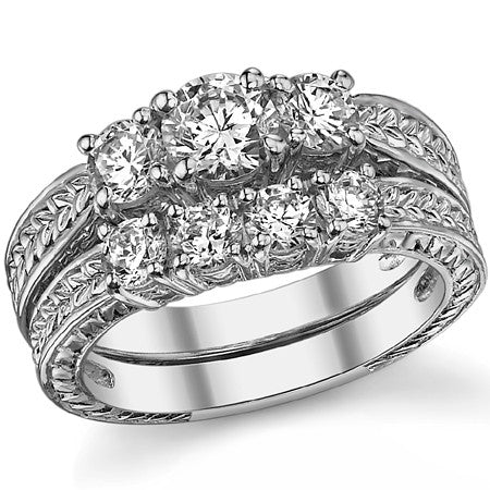 1ct (5mm/4mm) Round Brilliant Moissanite Antique 3 Stone Ring