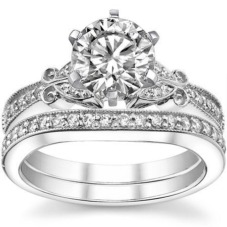 Round Brilliant Moissanite Antique Milgrain Engagement Ring Setting