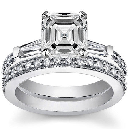 Baguette / Round Brilliant Moissanite Engagement Ring with Milgrain Accents