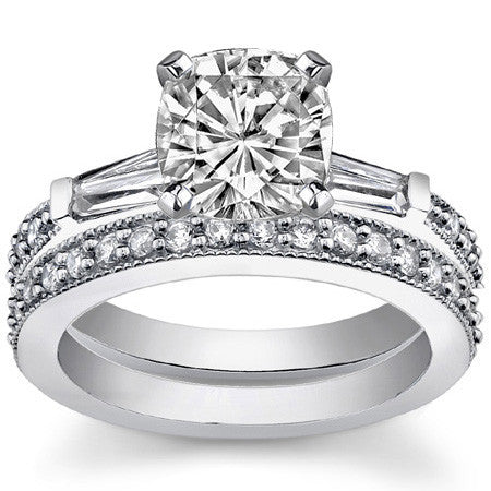 Baguette / Round Brilliant Moissanite Engagement Ring with Milgrain Accents