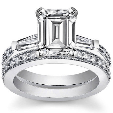Baguette / Round Brilliant Moissanite Engagement Ring with Milgrain Accents