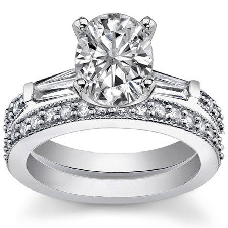 Baguette / Round Brilliant Moissanite Engagement Ring with Milgrain Accents