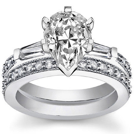 Baguette / Round Brilliant Moissanite Engagement Ring with Milgrain Accents
