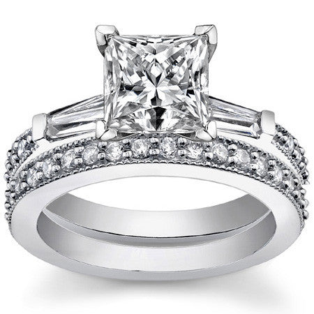 Baguette / Round Brilliant Moissanite Engagement Ring with Milgrain Accents