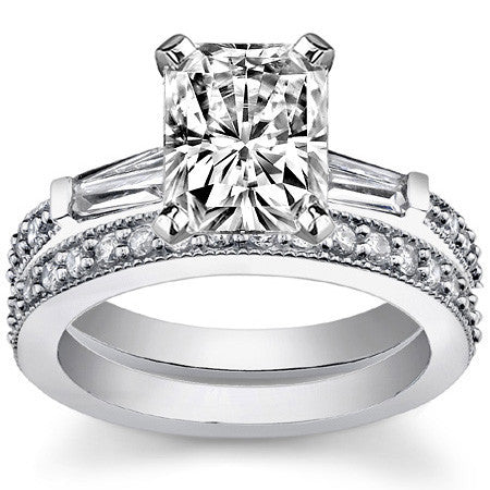 Baguette / Round Brilliant Moissanite Engagement Ring with Milgrain Accents
