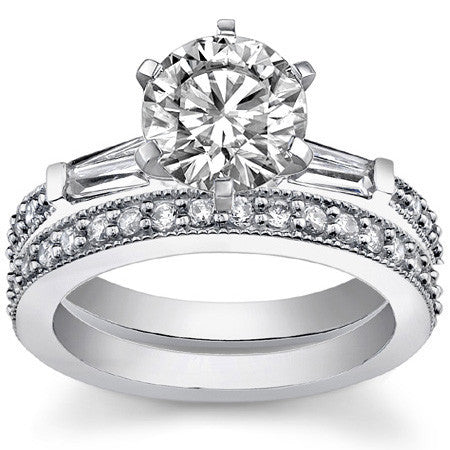 Baguette / Round Brilliant Moissanite Engagement Ring with Milgrain Accents