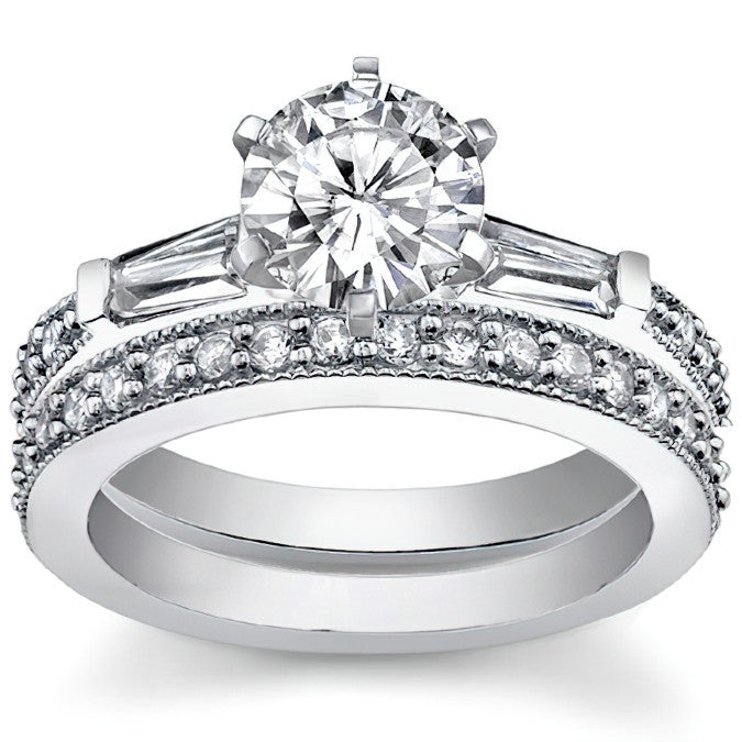 Baguette / Round Brilliant Moissanite Engagement Ring with Milgrain Accents