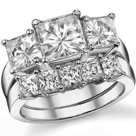 4.26ct (7mm/5.5mm) Princess cut Moissanite Three Stone Ring