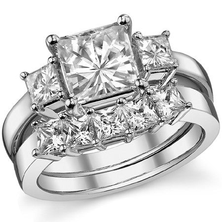 2.7ct (7mm/3.5mm) Princess cut Moissanite Three Stone Ring