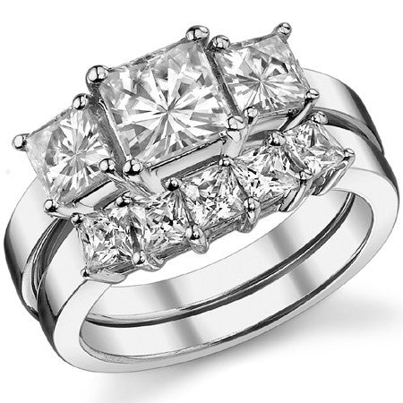 2.5ct (6mm/4.5mm) Princess cut Moissanite Three Stone Ring