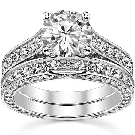Round Rose & Leaf Design Moissanite Engagement Ring