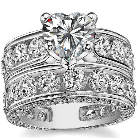 Round Brilliant Moissanite Wide Engagement Ring Setting, 3.4ct