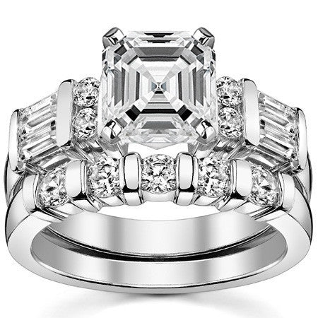 Round & Baguette Moissanite Engagement Ring Setting, 0.85ct