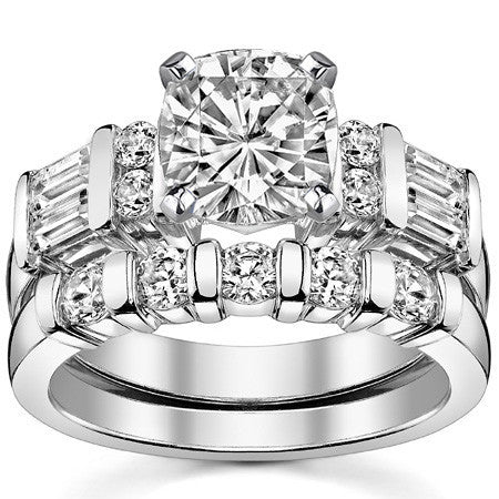 Round & Baguette Moissanite Engagement Ring Setting, 0.85ct
