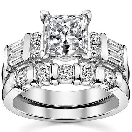 Round & Baguette Moissanite Engagement Ring Setting, 0.85ct