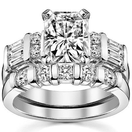 Round & Baguette Moissanite Engagement Ring Setting, 0.85ct