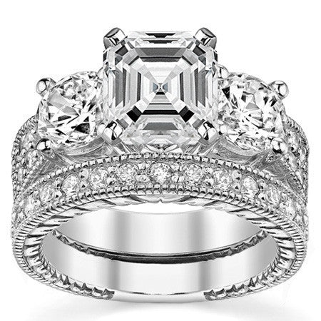 Round Brilliant Moissanite Three-Stone Engagement Ring Antique 2.28ct