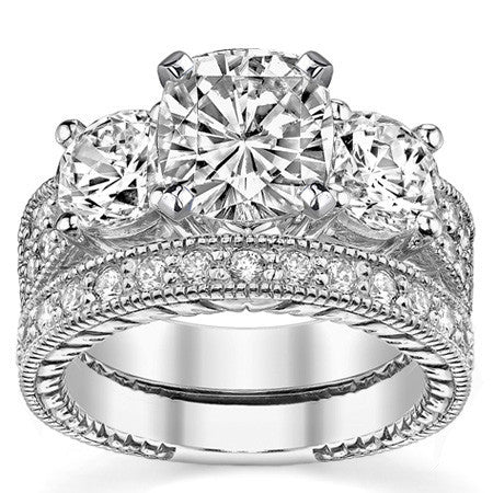 Round Brilliant Moissanite Three-Stone Engagement Ring Antique 2.28ct