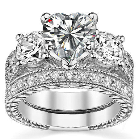 Round Brilliant Moissanite Three-Stone Engagement Ring Antique 2.28ct