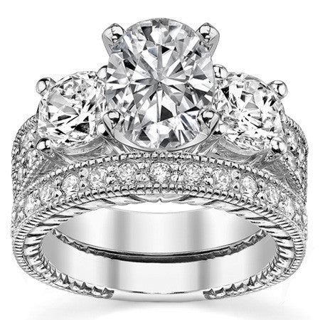 Round Brilliant Moissanite Three-Stone Engagement Ring Antique 2.28ct