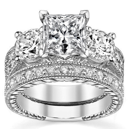Round Brilliant Moissanite Three-Stone Engagement Ring Antique 2.28ct