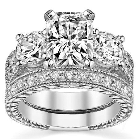 Round Brilliant Moissanite Three-Stone Engagement Ring Antique 2.28ct