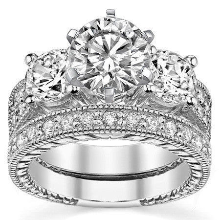 Round Brilliant Moissanite Three-Stone Engagement Ring Antique 2.28ct