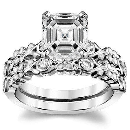 Round Brilliant Moissanite Floral Style Engagement Ring, 0.08ct