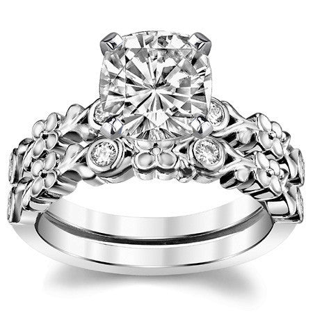 Round Brilliant Moissanite Floral Style Engagement Ring, 0.08ct