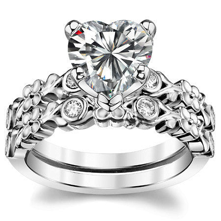 Round Brilliant Moissanite Floral Style Engagement Ring, 0.08ct