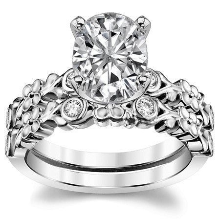 Round Brilliant Moissanite Floral Style Engagement Ring, 0.08ct