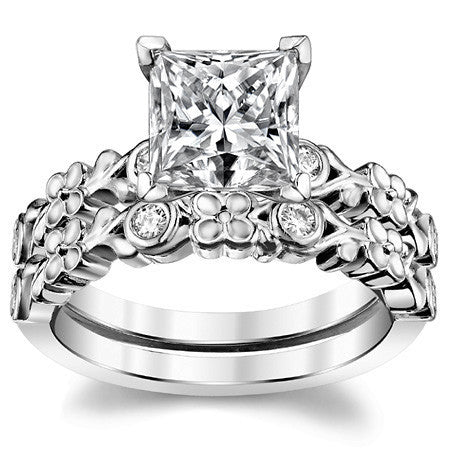 Round Brilliant Moissanite Floral Style Engagement Ring, 0.08ct