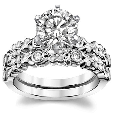 Round Brilliant Moissanite Floral Style Engagement Ring, 0.08ct