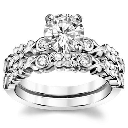 Round Brilliant Moissanite Floral Style Engagement Ring, 0.08ct