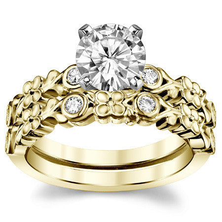 Round Brilliant Moissanite Floral Style Engagement Ring, 0.08ct